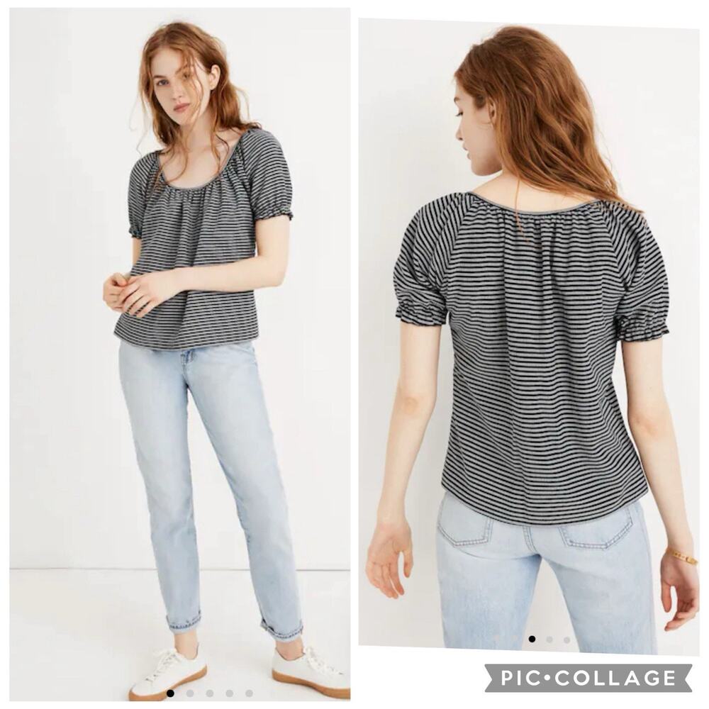 Madewell Peasant Top Navy Blue & White Stripes Puffed S/S Cropped Medium NWT